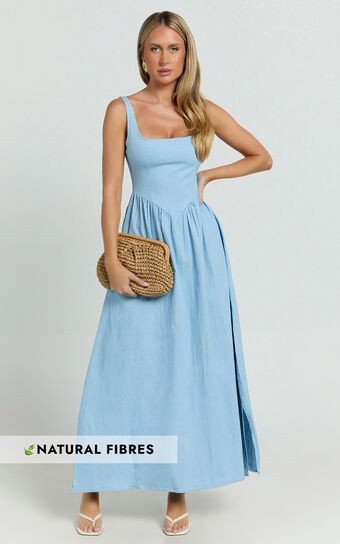 Rhaziya Midi Dress - Sleeveless Straight Neck Fit and Flare Dress in Blue | Showpo (US, UK & Europe)