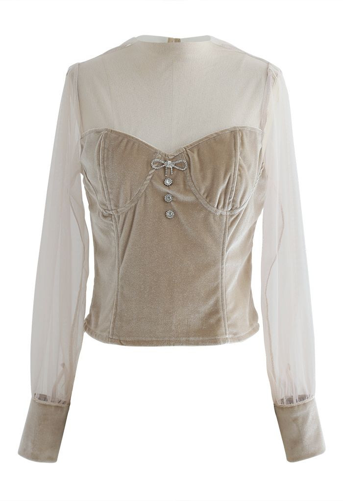 Mesh Spliced Velvet Crop Top in Sand | Chicwish