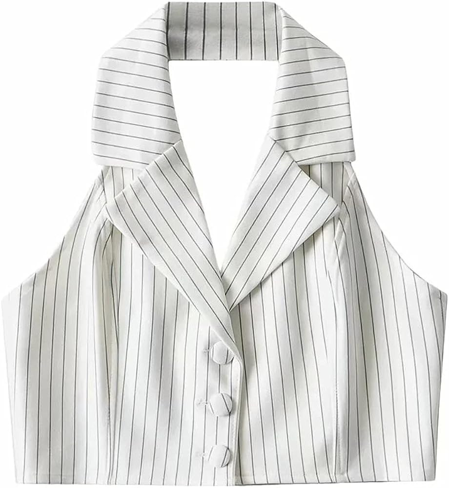 Jeovuanun Womens Pinstripe Button Down Halterneck Waistcoat Cropped Versatile Tuxedo Suit Vest | Amazon (US)