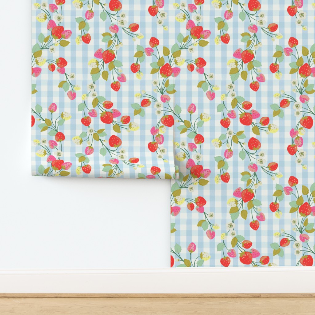STRAWBERRY PICNIC (BLUE) | Spoonflower