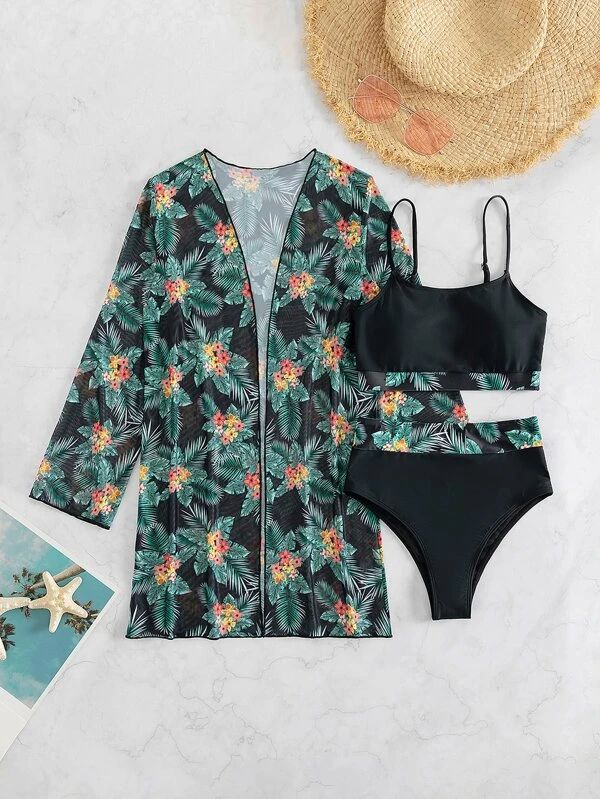 3pack Random Tropical Print Bikini Swimsuit & Kimono | SHEIN