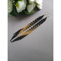 Beaded Earrings, Black Gold Long Extra Fringe Boho Seed Bead Handmade Earrings | Etsy (US)