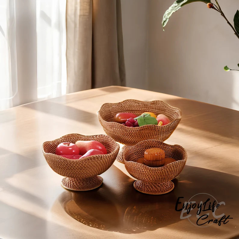 Rattan Woven Fruit Basket,handcrafted Desktop Fruit Bread Nuts Candies Tray, Serving Tray Basket,... | Etsy (US)