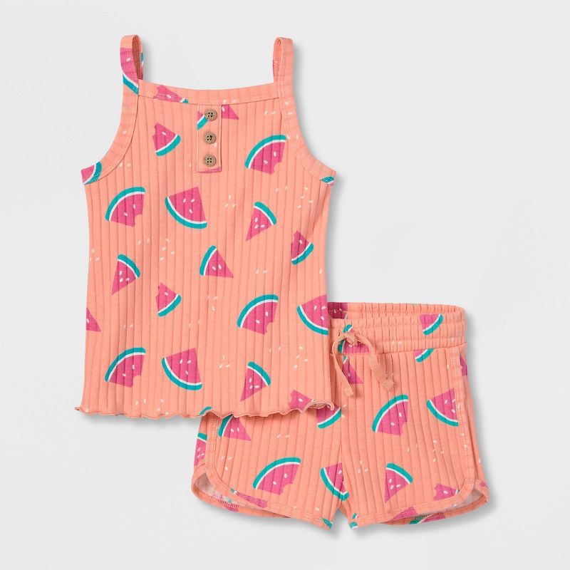 Toddler Girls' Watermelon Ribbed Tank Top & Shorts Set - Cat & Jack™ Peach | Target