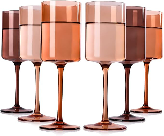 Brown Colored Square Wine Glasses Set of 6, 14oz【Hand Blown】 Amber Crystal Venus Wine Glasses... | Amazon (US)