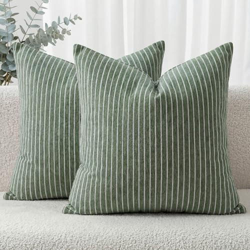 Striped Textured Chenille Pillow Covers 18x18 Set of 2, Soft Double-Sided Decorative Throw Pillow... | Amazon (US)