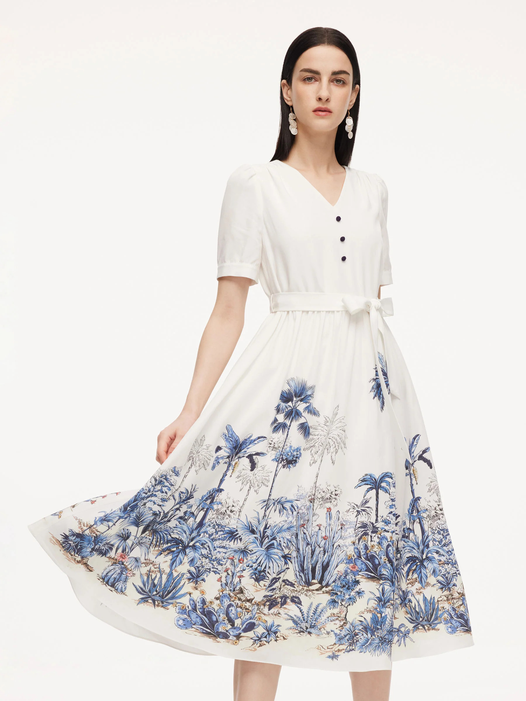 Tencel Linen Floral Print Women V-Neck Midi Dress With Self-Tie Belt | GOELIA