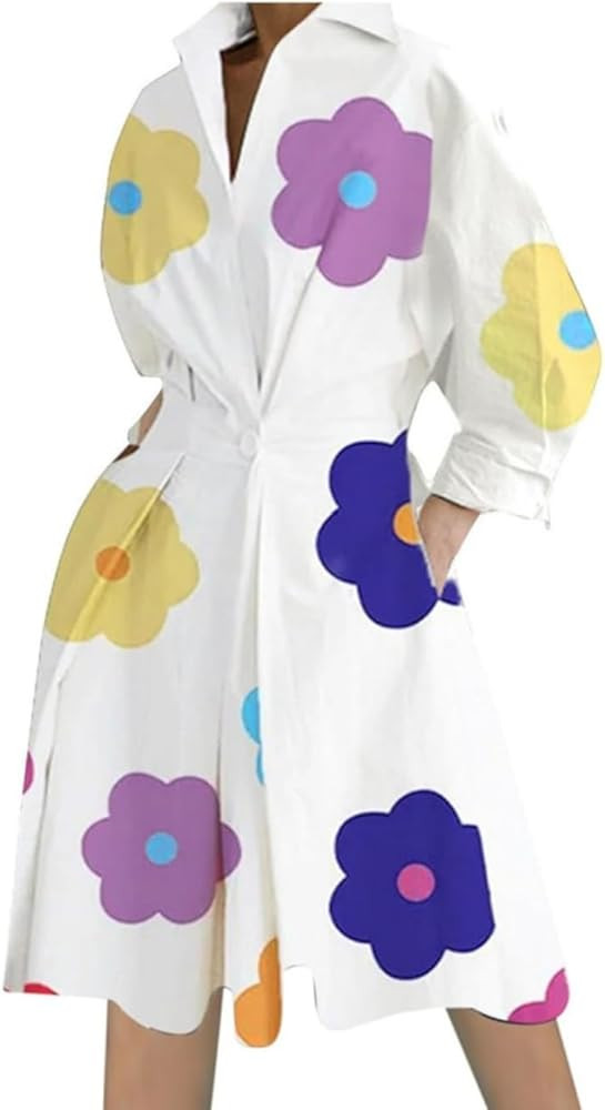 Cotton Linen Shirt Dress for Womens Pleated Button Long Dress Long Sleeve A-line Loose Swing Dres... | Amazon (US)