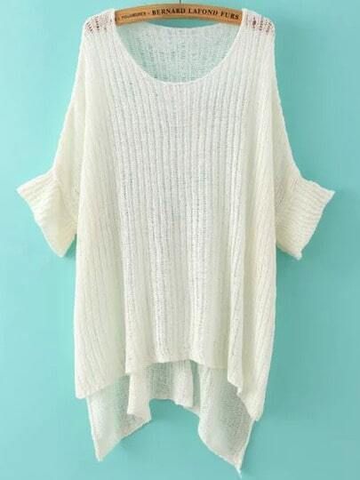 White Round Neck Split Loose Knit Sweater | SHEIN