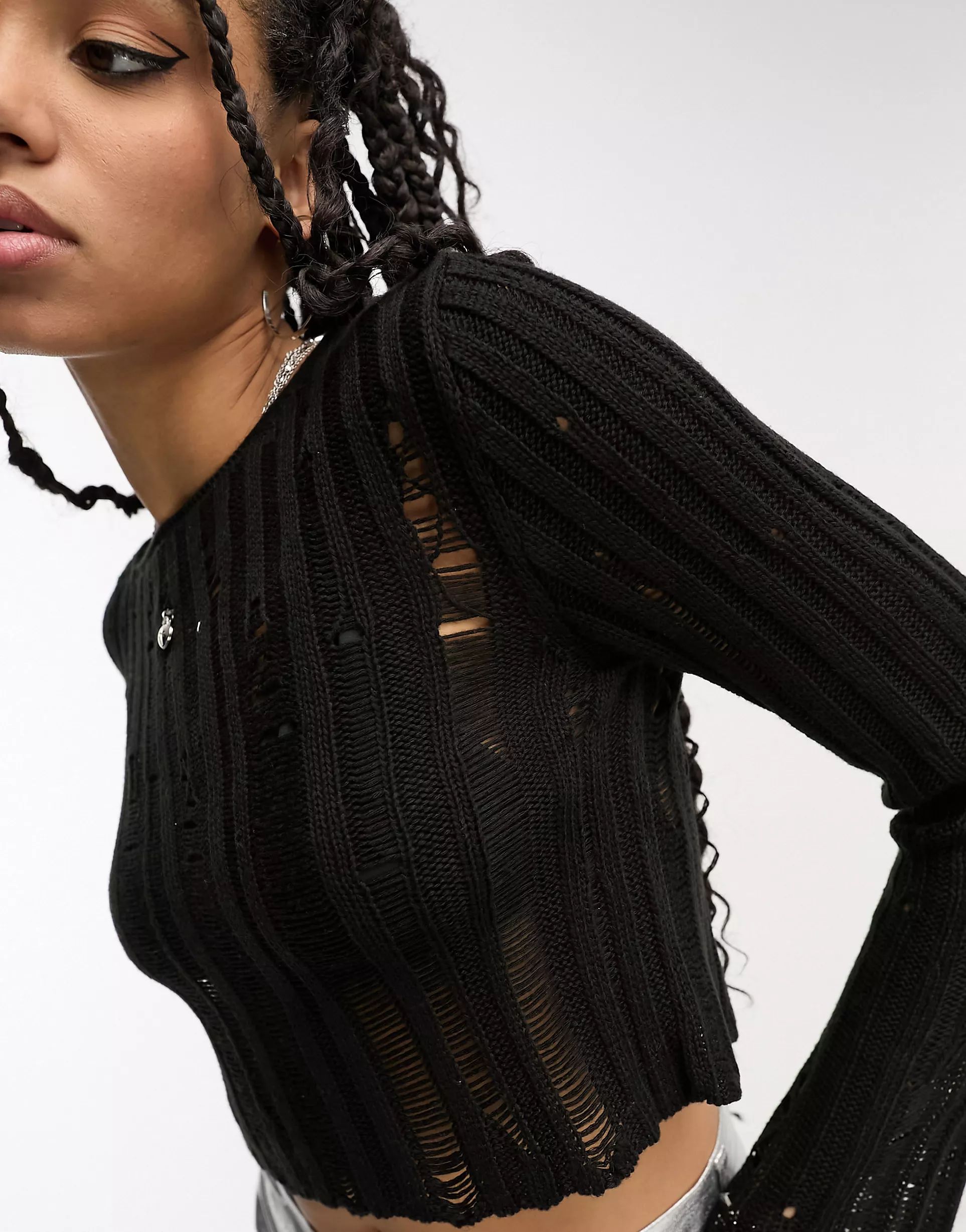 ASOS DESIGN crop sweater in sheer ladder stitch in black | ASOS (Global)