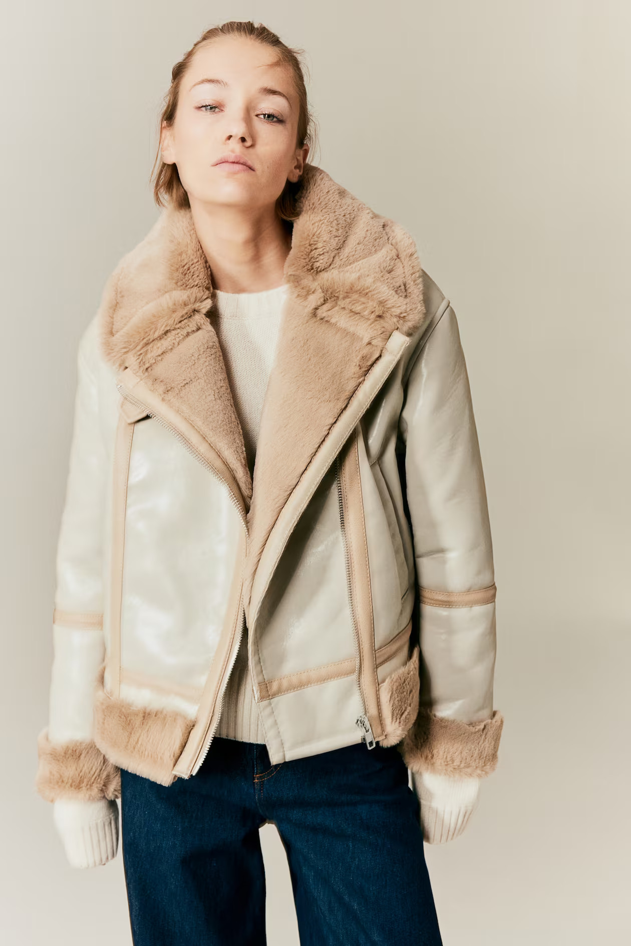 Pile-lined Biker Jacket - Long sleeve - Regular length - Light taupe - Ladies | H&M US | H&M (US + CA)