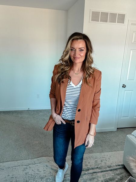 Casual blazer outfit. 
Jeans and necklace can be found at shopstriped.com and you can use discount heatherg15 

#LTKfindsunder50 #LTKworkwear #LTKstyletip