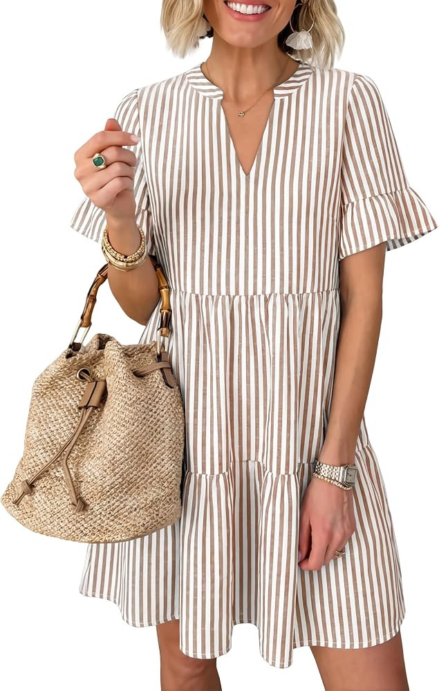 Caracilia Dresses for Women Summer 2026 Striped V Neck Ruffle Sleeve A Line Tiered Flowy Casual M... | Amazon (US)