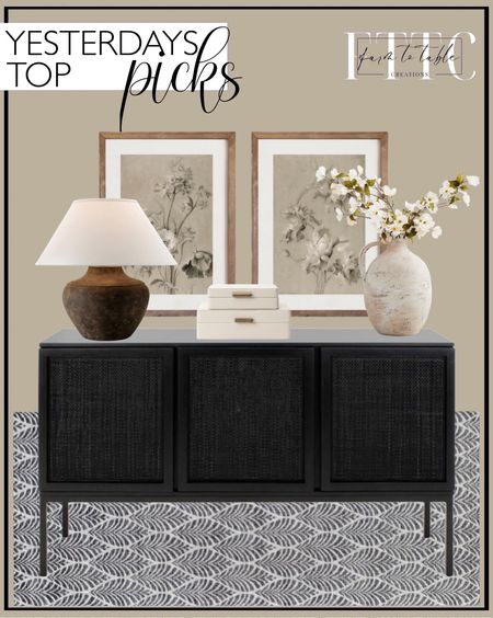 Yesterday’s Top Picks. Follow @farmtotablecreations on Instagram for more inspiration.

SAFAVIEH Zadie 2 Shelf Rattan Sideboard. Mason Brooks Cressida Geometric Contemporary Area Rug. Troy Lighting Calabria - 20.5 Inch Table Lamp with Shade. Artisan Handcrafted Terracotta Vase. Antique Neutral Floral Print Set. White Shagreen Box. McGee and Co. Pottery Barn Finds. Sideboard Styling. Amazon Home. Amazon Home Finds  

#LTKSaleAlert #LTKHome #LTKFindsUnder50