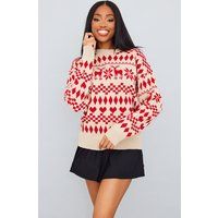 Tall Stone Fairisle Reindeer Oversized Christmas Sweater | PrettyLittleThing US