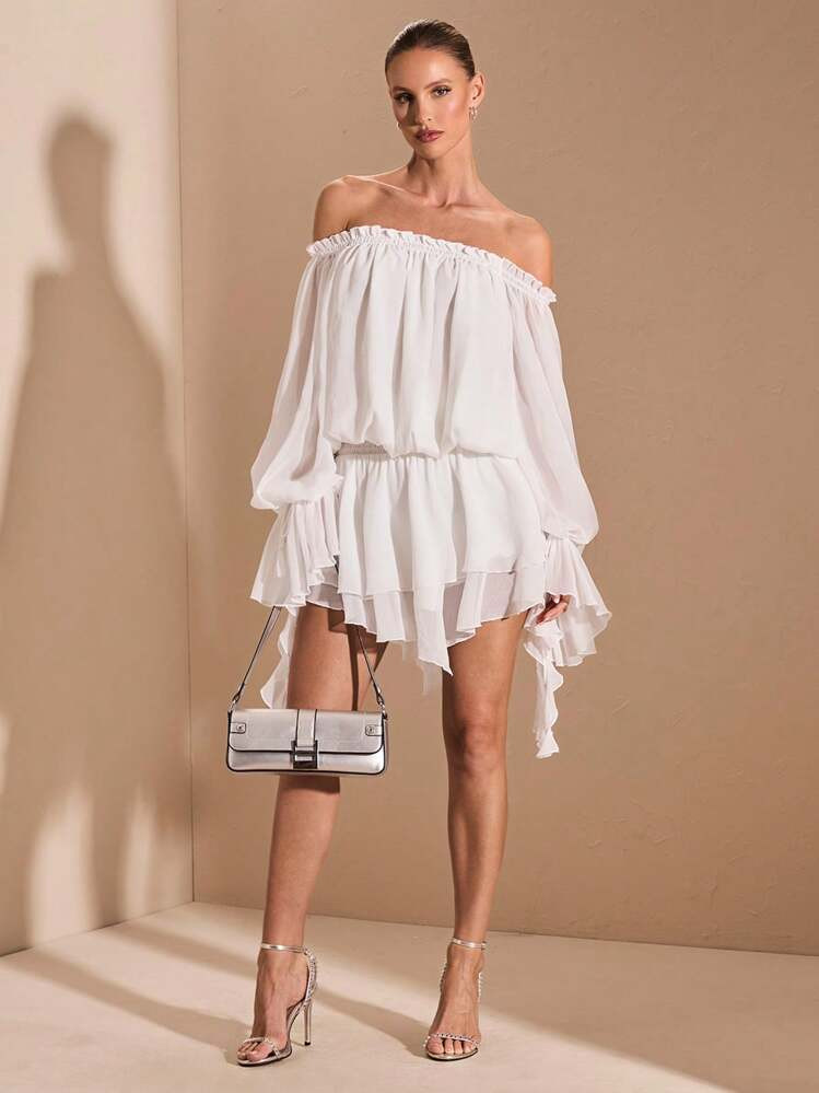 SHEIN BAE Elegant Sweet French Style Solid White Off-Shoulder Long Sleeve Shirt Dress With Puff Sleeve, Asymmetric Ruffled Trim, Suitable For Romantic Date, Birthday Party, Bridesmaid Dress, Evening Dress,Valentine's Day,Valentine Outfits For Women | SHEIN