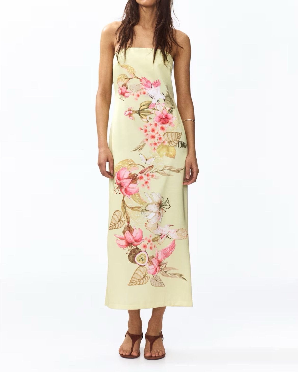 Strapless floral midi dress 
Vacation outfit 
Casual wedding guest dress 

#LTKSeasonal