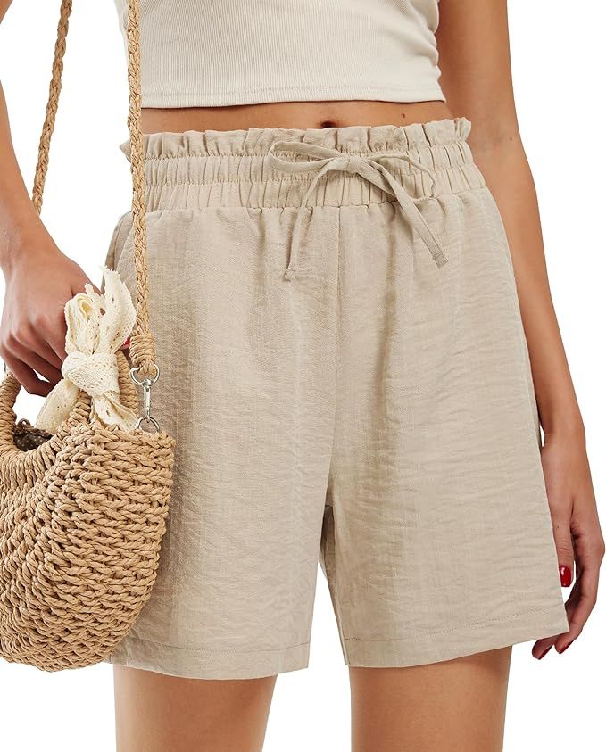 Libin Shorts for Women Imitation Linen Shorts High Waisted Lightweight Casual Summer Drawstring C... | Amazon (US)
