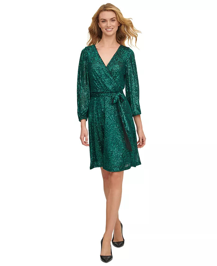DKNY Long-Sleeve Sequin Faux-Wrap Dress & Reviews - Dresses - Women - Macy's | Macys (US)