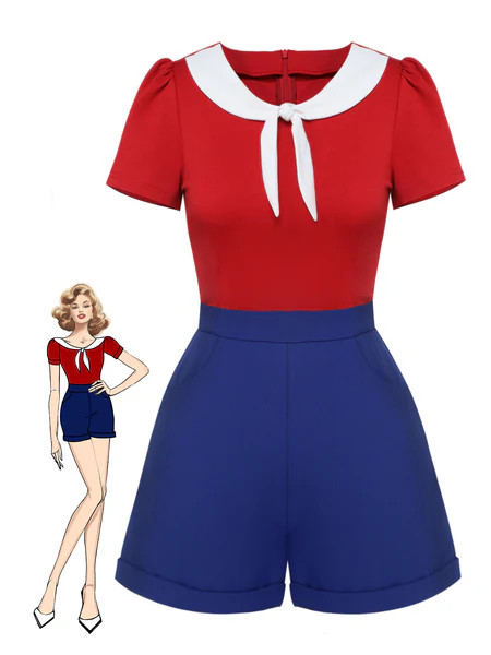 Red & Blue 1950s Solid Tie Romper | Retro Stage