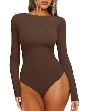 REORIA Women's Boat Neck Long Sleeve Bodysuit Basic Going Out Body Suits Tops 2025 | Amazon (US)
