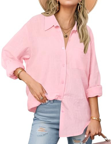 Zeagoo Cotton Button Down Shirts for Women Pink Linen Tops Summer Long Sleeve Cotton Blouse Light Pink | Amazon (US)