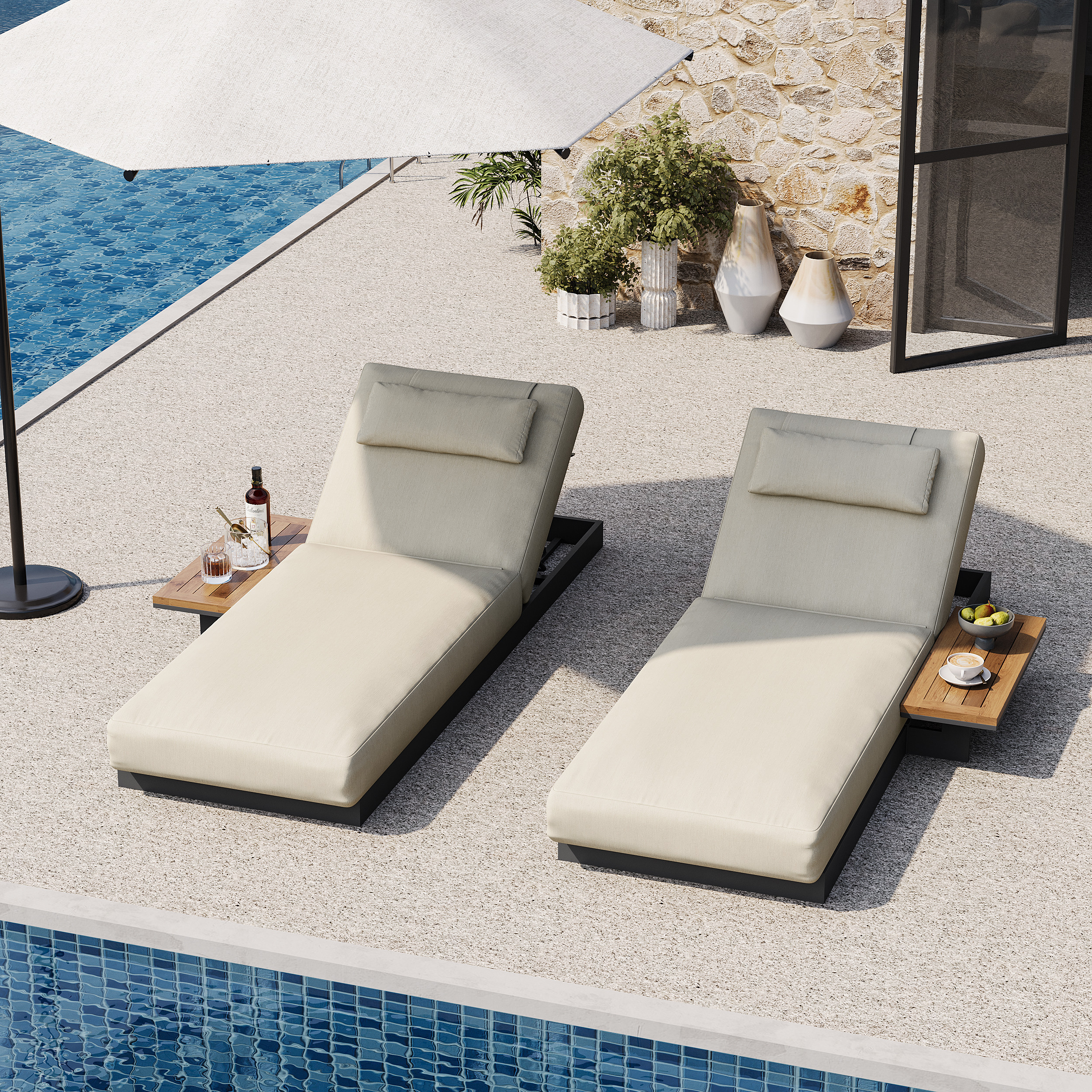 Wood & Aluminum Outdoor Lounger Daybed Modern Yard & Patio Furniture in Beige Cushion & Pillow Included (78.7"") Set of 2 | Homary