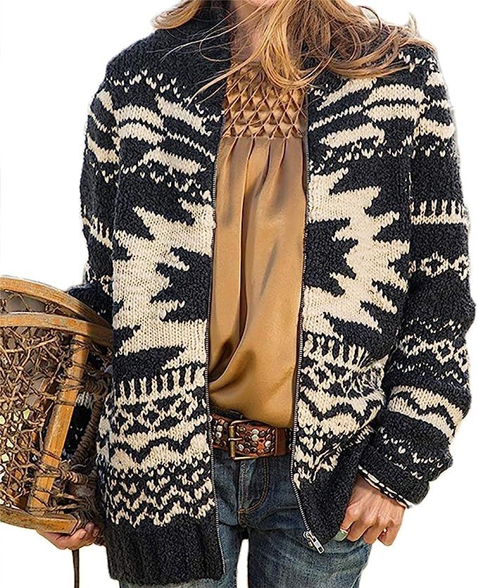 Western Cardigan for Women, Ethnic Printed Loose Casual Zipper Cardigan Sweater Coat | Amazon (US)