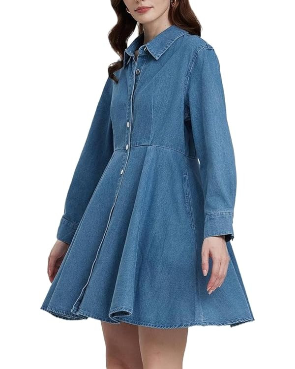 Women's Button Down Denim Mini Dress Long Sleeve Collared V-Neck Ruffle Hem Flowy Short Jean Dres... | Amazon (US)