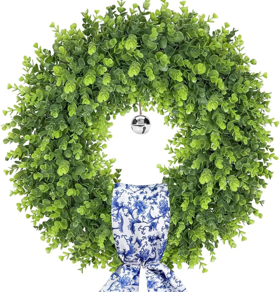 24 Inch Artificial Boxwood Wreath with Sash and Bell,Large Spring Summer Wreaths for Front Door,G... | Amazon (US)