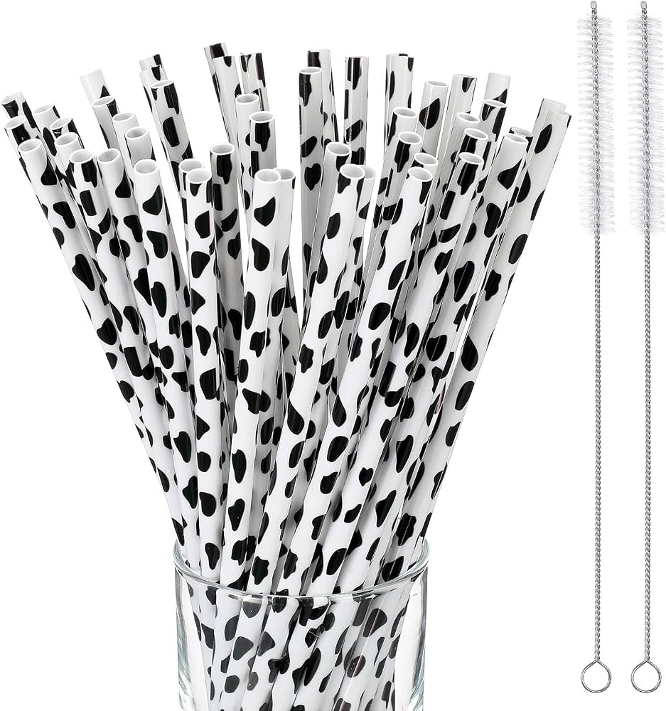 Suclain 26 Pcs Cow Print Plastic Straws Reusable Plastic Farm Cow Party Favor Supplies Black and ... | Amazon (US)