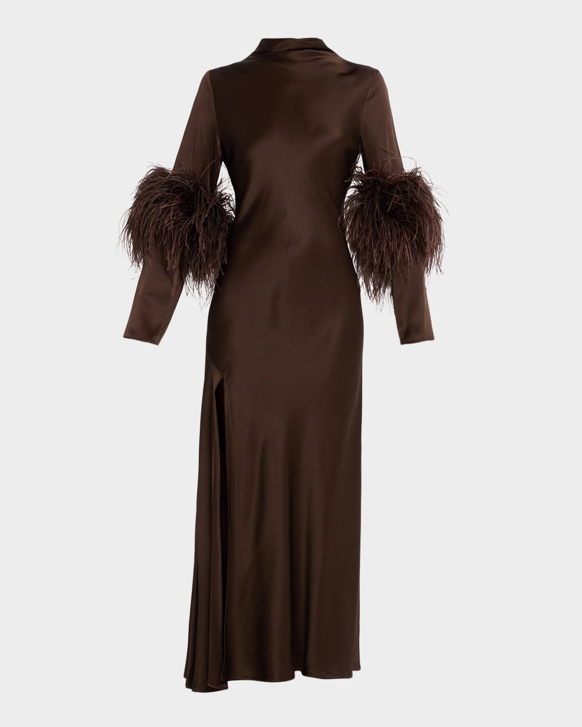 Feather-Trim Satin Maxi Dress | Neiman Marcus