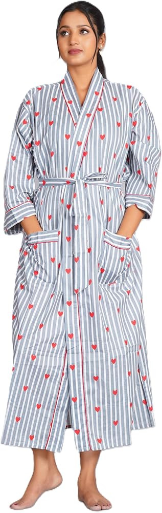 COTSILER Cotton Block Print Kimono Robe for Women Long Bathrobe with Belt & Pockets For Summer Li... | Amazon (US)