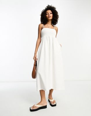 ASOS DESIGN soft denim bandeau midi dress in white | ASOS (Global)