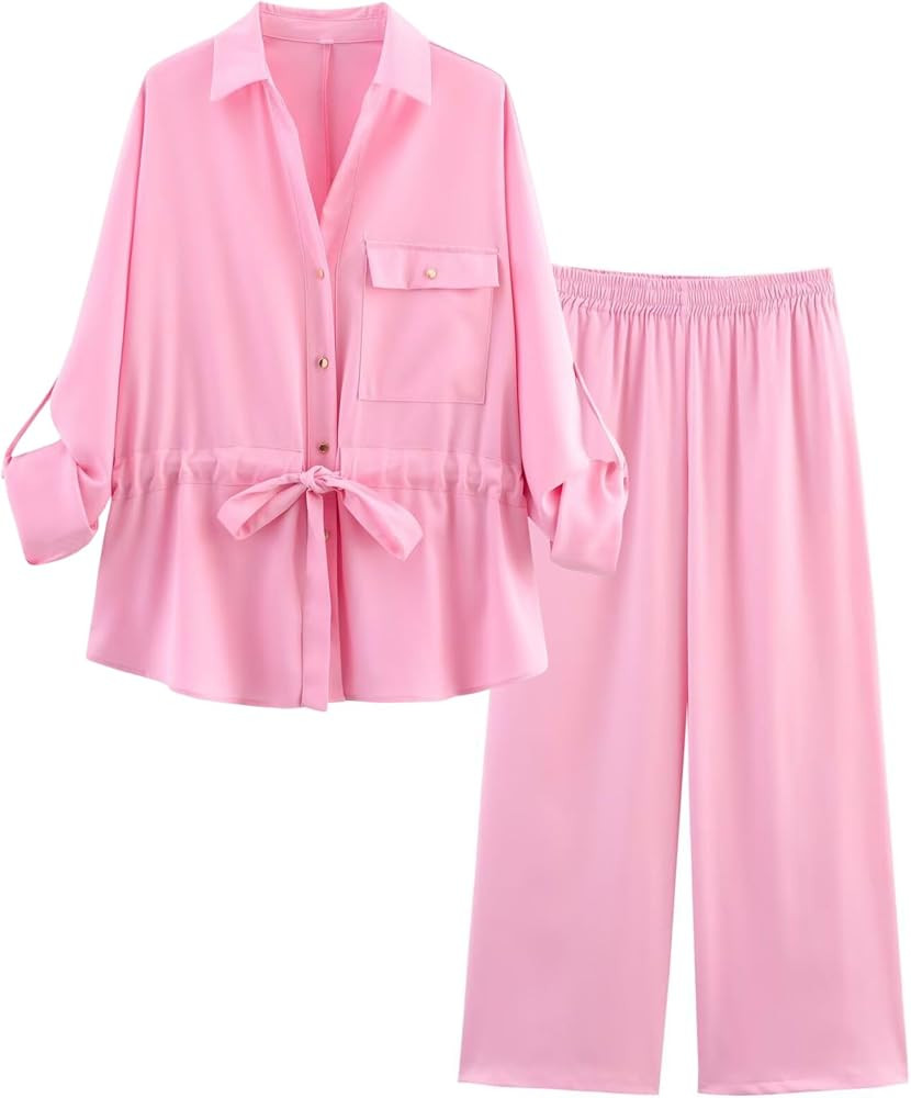 Xunger Women's 2 Piece Outfits Casual Set Roll Up Sleeves Drawstring Waist Shirt Comfortable Pant... | Amazon (US)