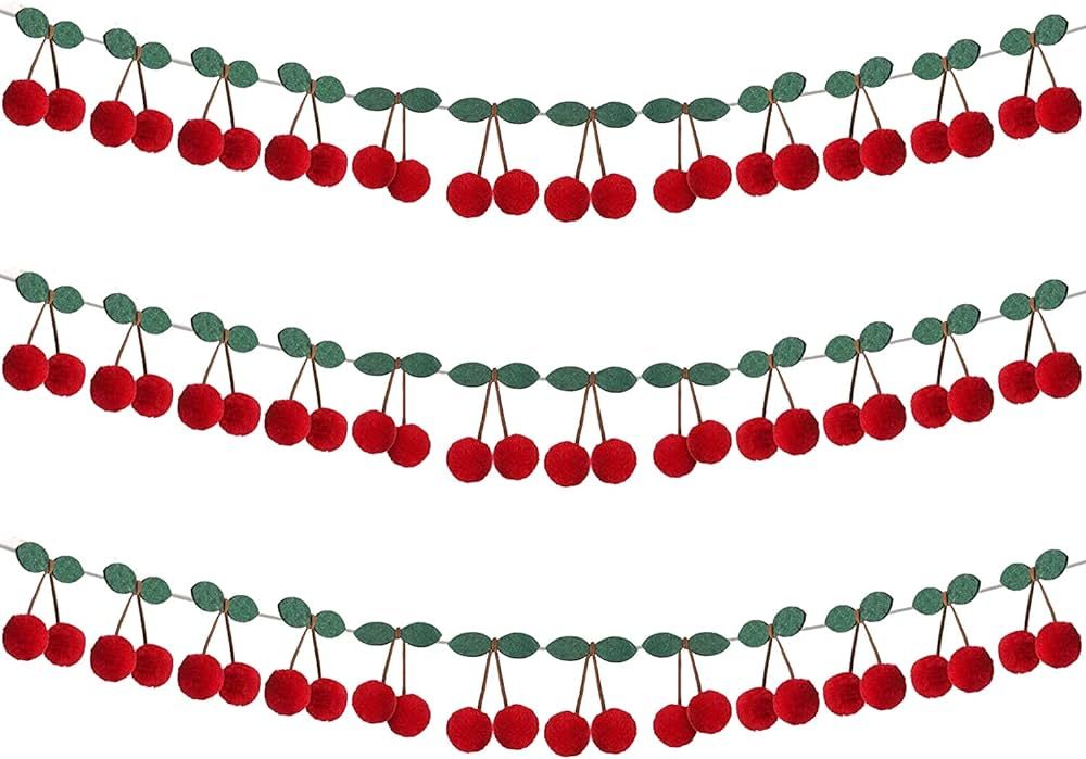 3 Pack Cherry Garland Decoration Felt Cherries Birthday Garland Banner DIY Fruit Hanging Decorati... | Amazon (US)