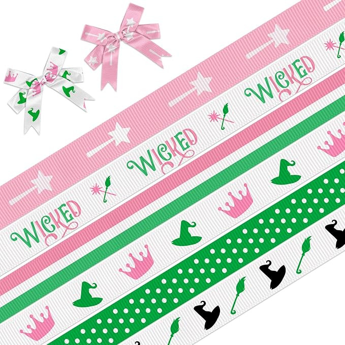 6 PCS 18 Yards Halloween Witch Grosgrain Ribbons 3/8" Witch Decor Ribbon, Pink Green Craft Ribbon... | Amazon (US)