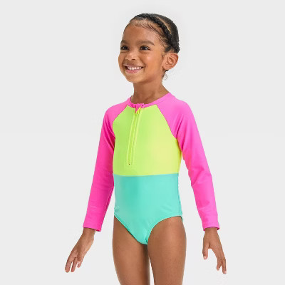 Toddler Girls' Long Sleeve Solid Colorblock One Piece Swimsuit - Cat & Jack™ | Target