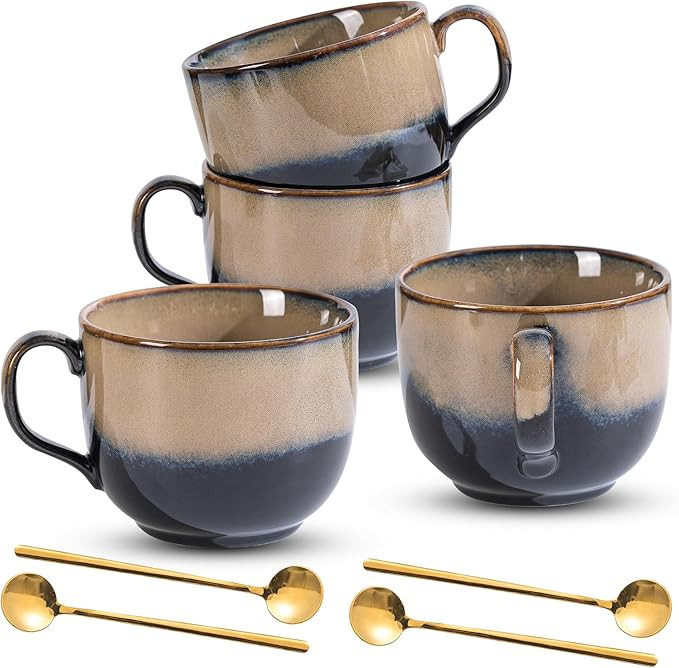Ceramic Coffee Mug Set of 4 with Spoon, 15 oz Large Cups With Big Handle for Coffee Tea, Microwav... | Amazon (US)