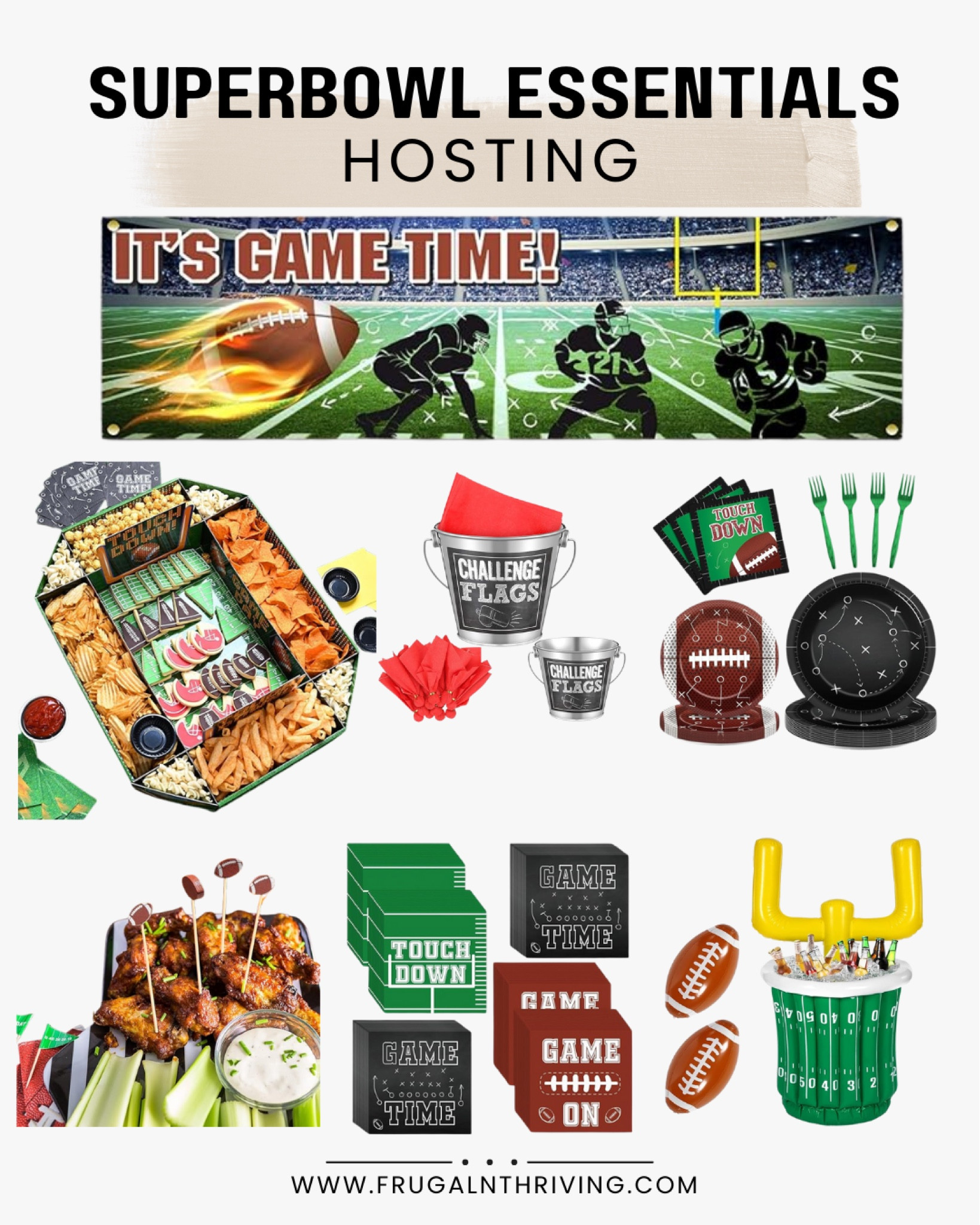Hosting the ultimate Super Bowl party means having the right setup to keep your guests entertained and well-fed! This collection of hosting essentials has everything you need to bring the stadium energy into your home. Start by setting the scene with a football-themed banner, plates, napkins, and utensils that match the game-day excitement. A snack stadium filled with chips, dips, and finger foods will be the star of the table, while a bucket of “challenge flags” adds a fun interactive twist for your guests to throw during questionable plays.

No party is complete without some game-day drinks, and the inflatable goalpost cooler is the perfect way to keep them chilled while doubling as a fun centerpiece. Whether you’re serving up wings, sliders, or classic football snacks, these themed serving trays and decorations will make your spread unforgettable. With these essentials, you’ll have everything you need for a stress-free, high-energy Super Bowl party that will have your guests talking long after the final whistle blows!

#LTKFindsUnder50 #LTKParties #LTKSeasonal