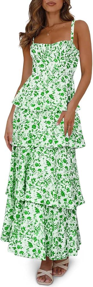 Wenrine Womens Summer Floral Maxi Dresses Sleeveless Spaghetti Strap Tie Back Ruffle Tiered Flowy... | Amazon (US)