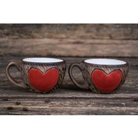 Two Heart Mugs || Handmade Ceramic Mug, Red Love Coffee Mugs, Hand Painted Couple Matching Gift, Stoneware | Etsy (US)