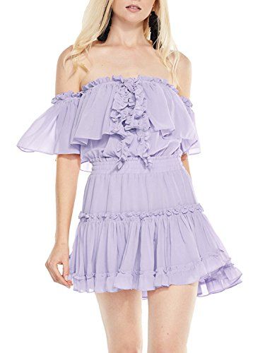 Simplee Women's Halter Off Shoulder Pleated Ruffle Chiffon Short Mini Dress, Grayish Purple, M | Amazon (US)