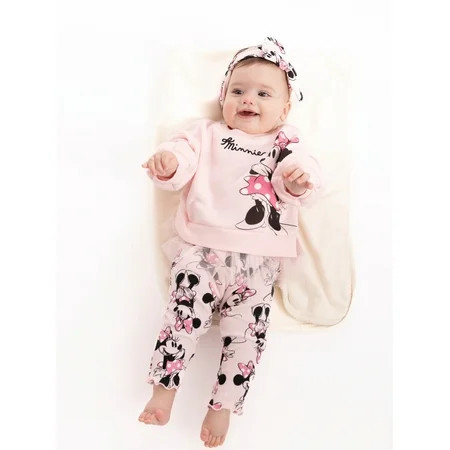 Disney Minnie Mouse Baby Girls Graphic Tulle Sweatshirt and Printed Leggings with Bow Headband Set, 3-Piece, Sizes 0/3M-24M | Walmart (US)