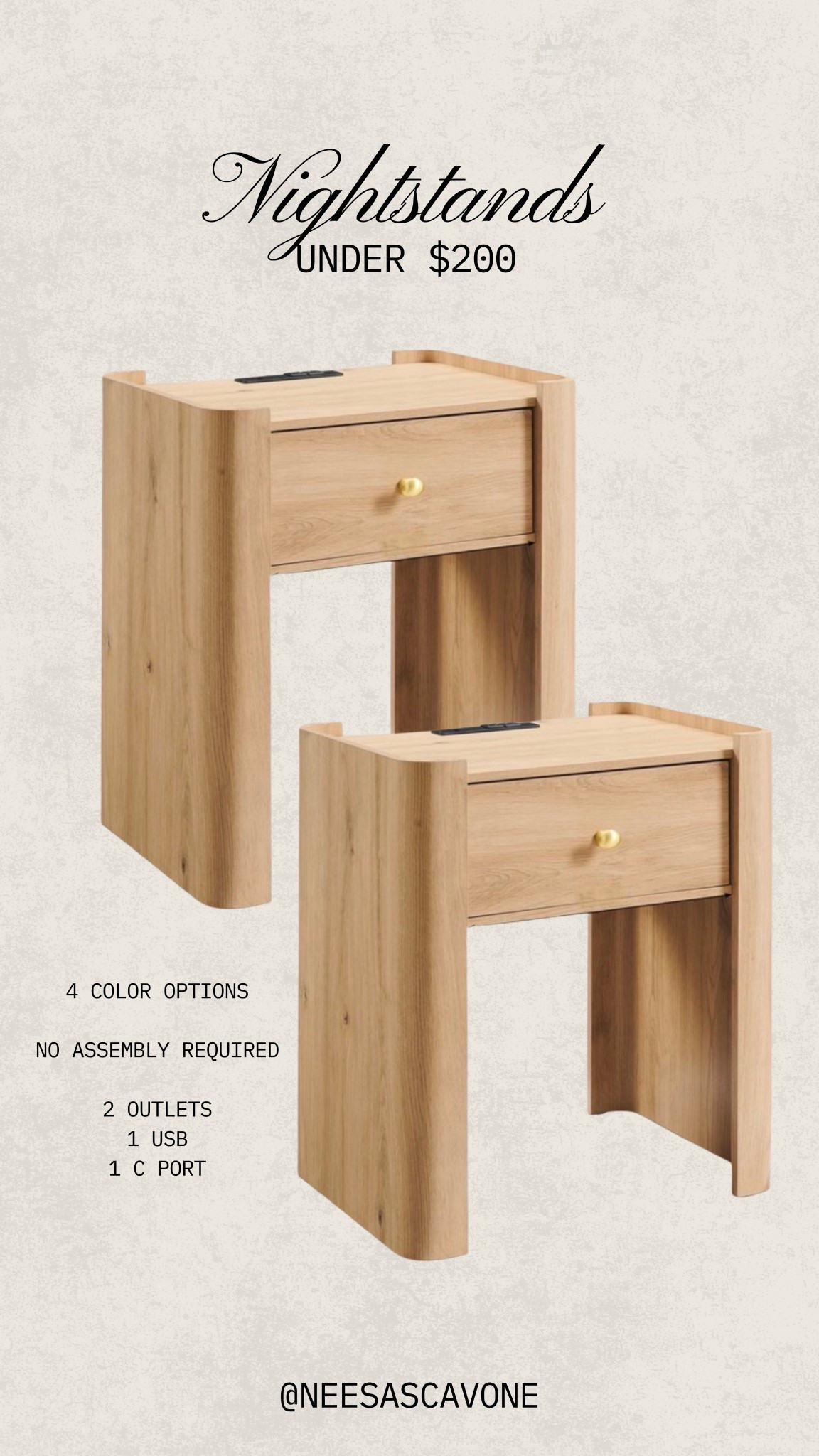 The prettiest nightstand under $200 🤍
Perfect for a kids room or guest space — warm wood tone, rounded edges, no assembly required, and built-in outlets + USB-C so it’s actually functional. I love this next to a daybed for storytime books, a lamp, and nighttime essentials. Sharing all the color options I found ✨ #homedecor #homeinspo #interiorinspo #neutralhomedecor #cozyhome #modernhome #classicinteriors #familyhome #livedinhome #homestyling
#roomdecor #roominspo #homedetails #decorinspo #designinspo #styledhome #intentionalhome #homedesign
#bedroomdecor #kidsroomdecor #playroomdecor #nurserydecor #livingroomdecor #guestroomdecor #homeorganization
#budgethomedecor #homedecoronabudget #affordabledecor #under200finds #budgetfinds
#ltkhome #ltkfinds #ltkunder200 #ltkdecor #ltkfamily #ltkinspo

#LTKHome #LTKKids #LTKMens