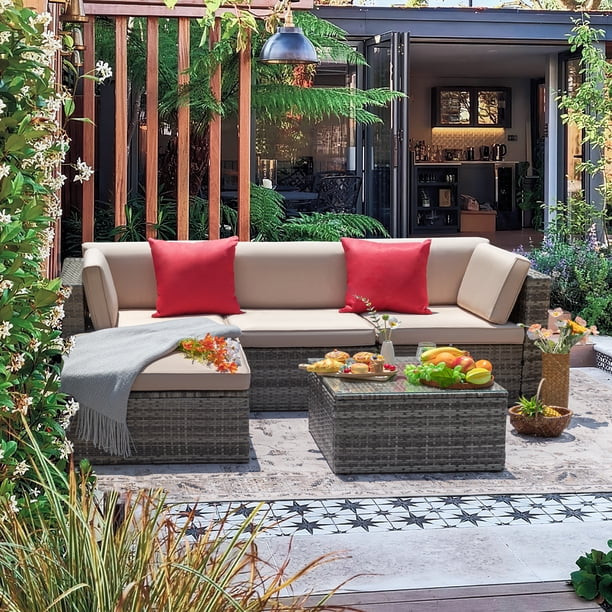 Lacoo 5 Pieces Patio Sectional Sofa Sets All-Weather PE Rattan Conversation Sets With Glass Table... | Walmart (US)