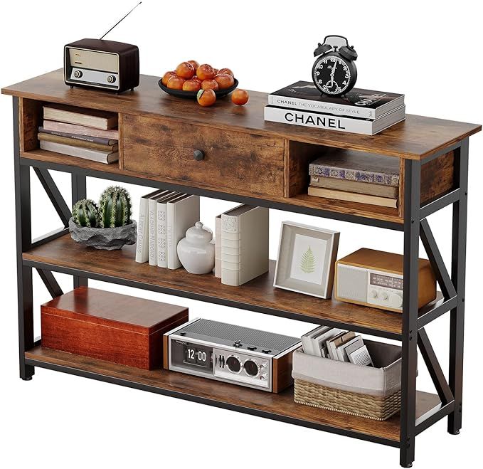 Mexin Console Table with Drawer Shelves, Entryway Table with 3 Tier Storage Shelves, Industrial W... | Amazon (US)