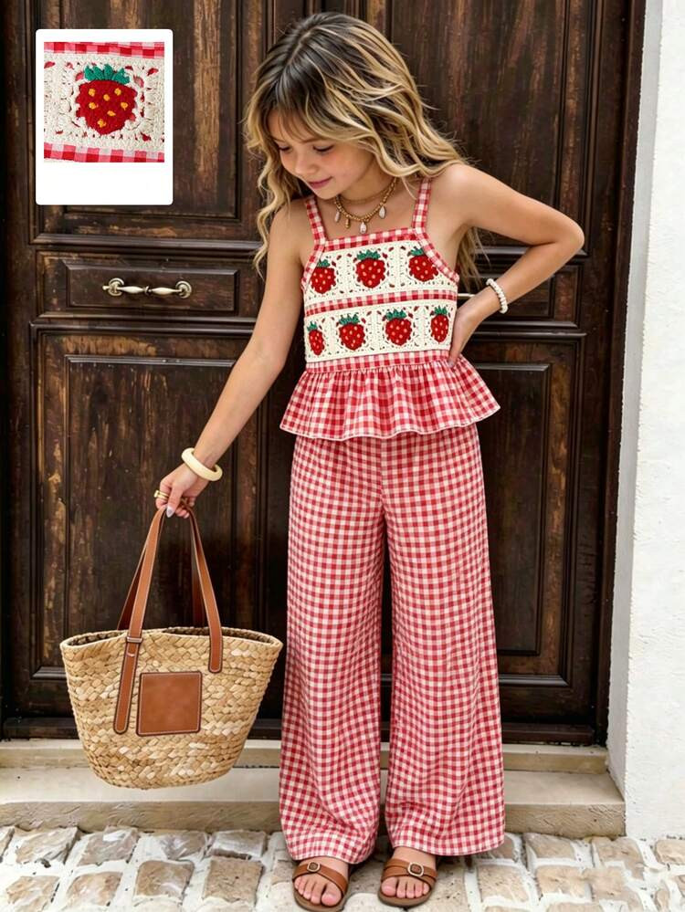 Elladie kids Young Girls' Strawberry Crochet Lace Tank Top Plaid Pants 2pcs Set,Korean Style Summ... | SHEIN