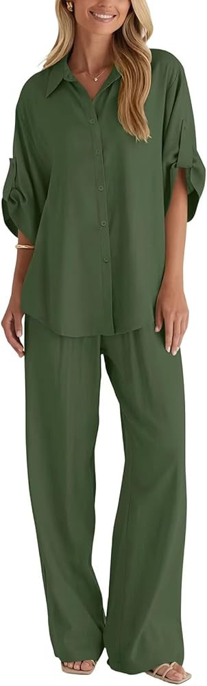 BWQ Womens linen 2 Piece Outfits Long Sleeve Button Down Shirt Wide Leg Pants Lounge Set S-2xl | Amazon (US)