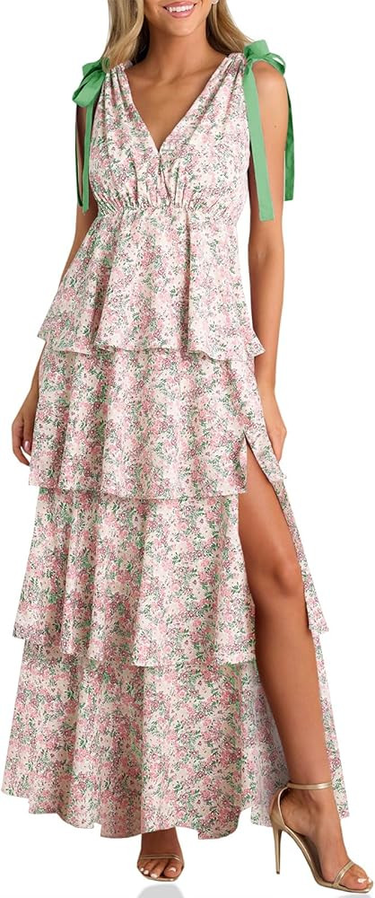 Wenrine Womens Summer Floral Maxi Dress Tie Strap Sleeveless V Neck High Slit Boho Ruffle Tiered ... | Amazon (US)